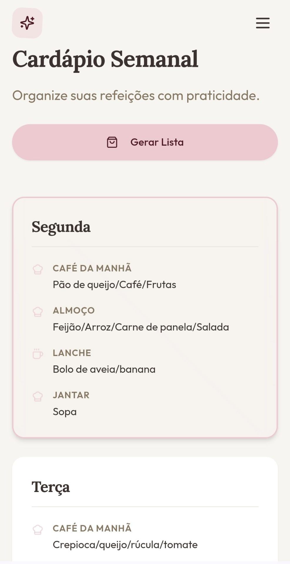 Cardápio semanal
