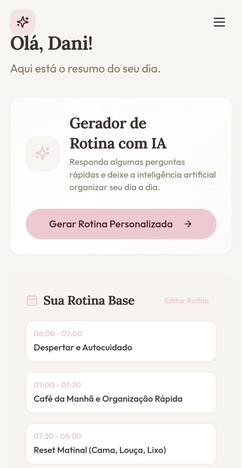 Tela inicial do app Rotina Inteligente