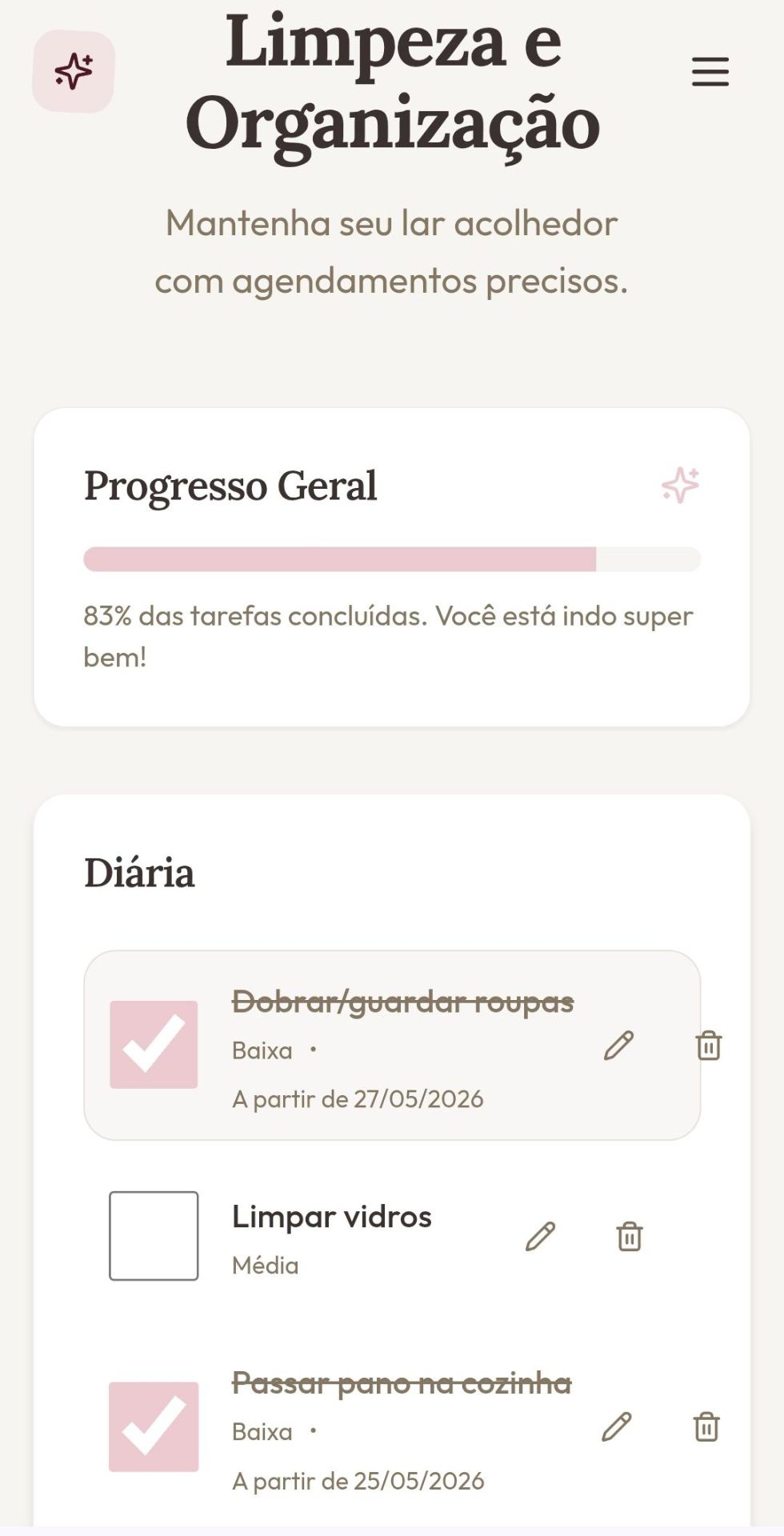 Tela de limpeza e organização